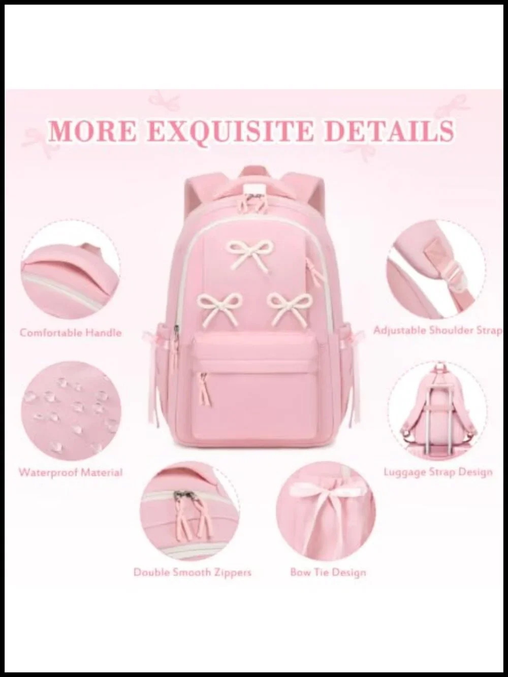 Girls Bow Backpack Set with Lunch Box Pencil Case, Waterproof Nylon, School